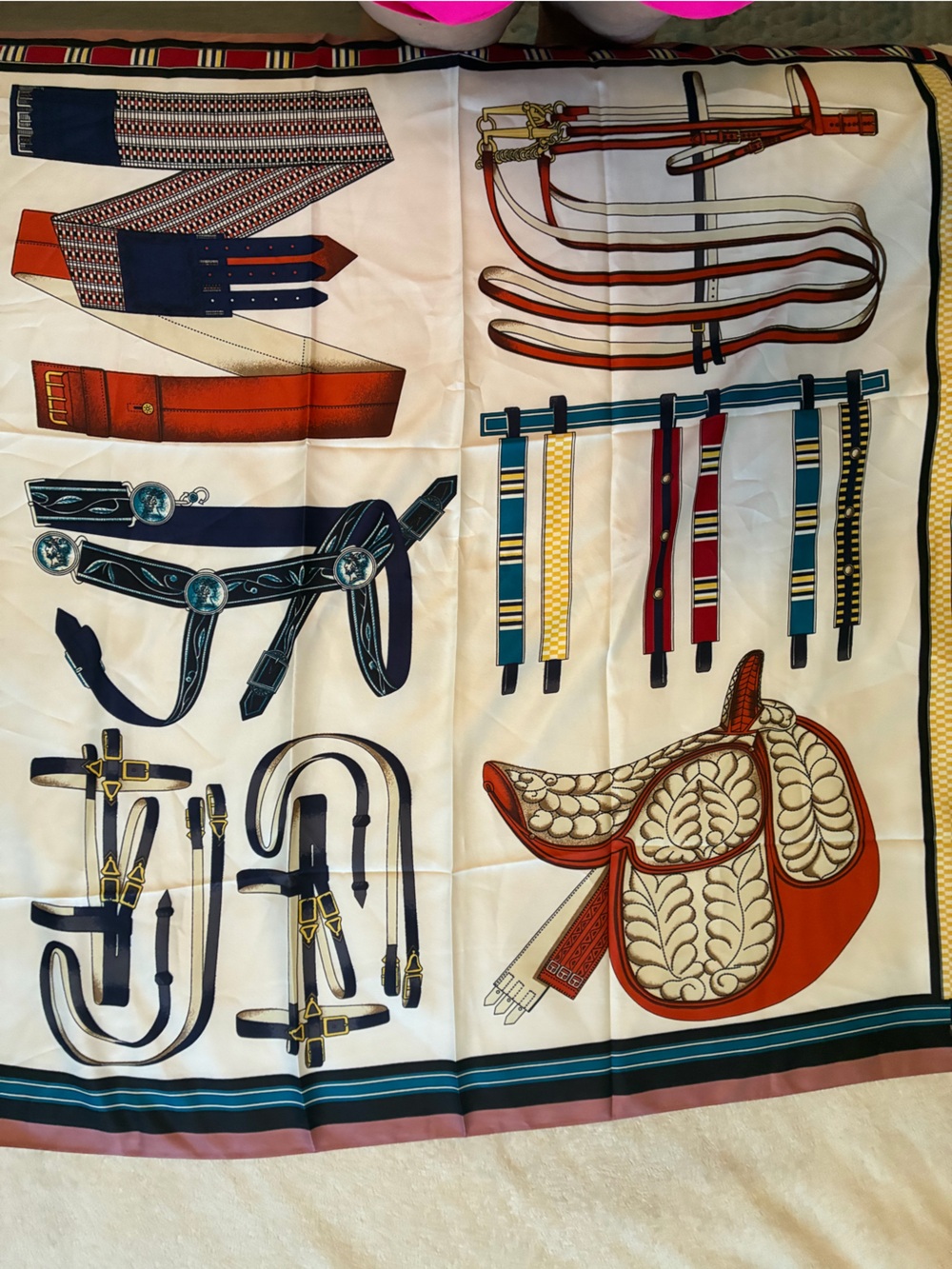 Designer-Inspired White and Navy Equestrian Print Scarf by